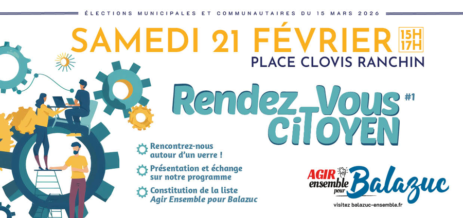 Invitation au Rendez-vous Citoyen, place Clovis Ranchin, par le collectif Balazuc 2026, dans le cadre des élections municipales Mars 2026